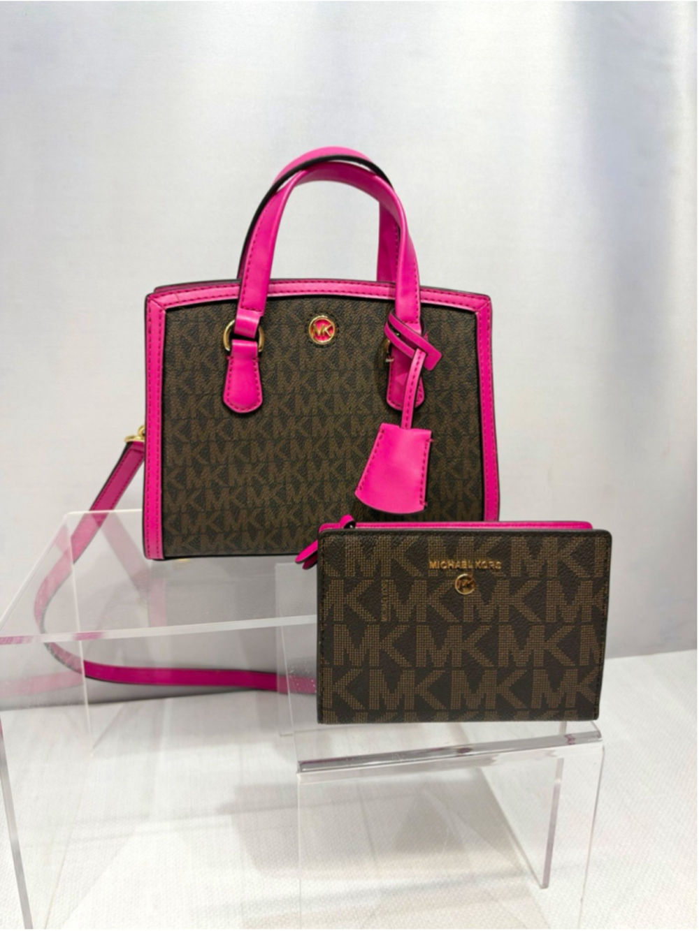 Michael Kors MK Logo Canvas Satchel Brown/Pink w Detachable Strap & Wallet